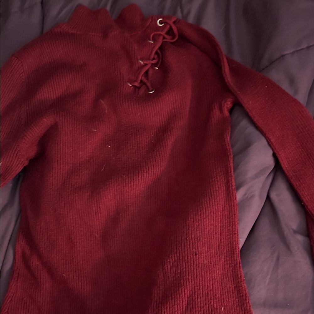 Lace-Up Mock Neck Sweater - Burgundy